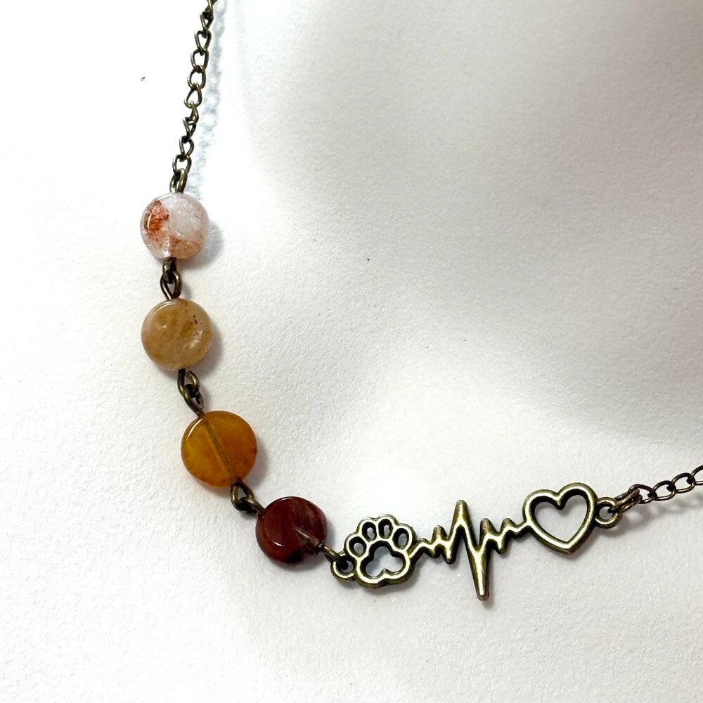 2/$20, Earthy Inclusion Quartz Paw Print Heart Beat Mismatched Bronze Necklace